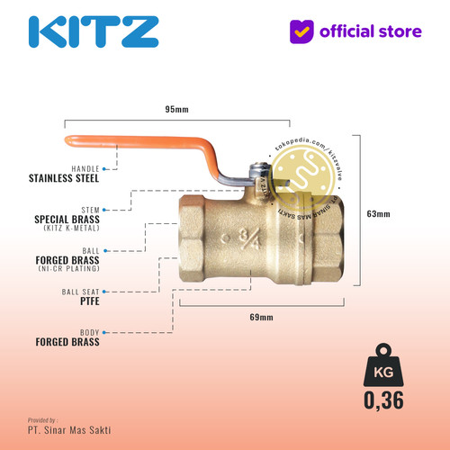 KITZ Brass Ball Valve Fig. 400 T , 3/4" - 20A - 20mm , Drat / Screw