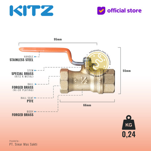 KITZ Brass Ball Valve Fig. 400 T , 1/2" - 15A - 15mm , Drat / Screw