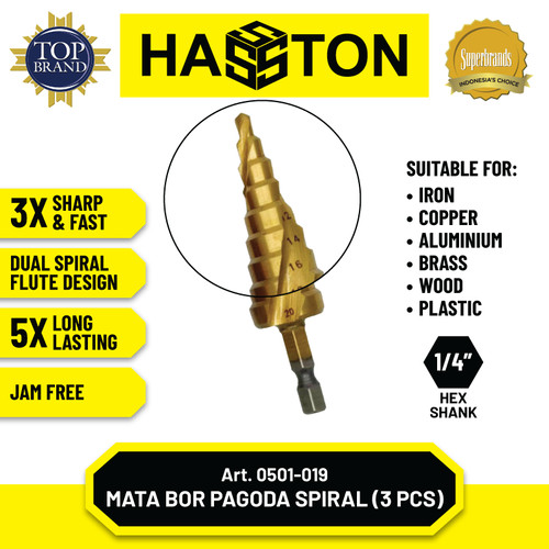 Hasston Mata Bor Pagoda Spiral Set 3Pcs /HSS Titanium Coated(0501-019)