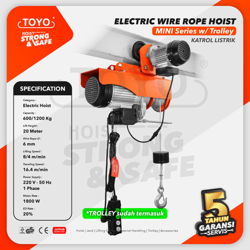 Mini Electric Hoist Trolley set / Katrol Listrik 600/1200Kg x 20M TOYO