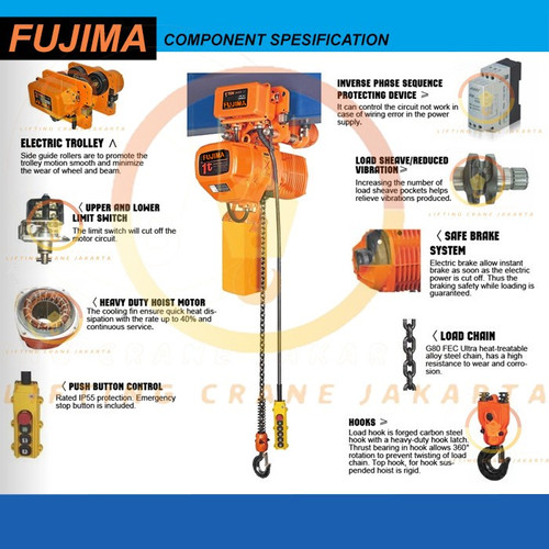 Elektrik Chain Hoist 5 Ton x 6 meter with motor trolley FUJIMA Japan