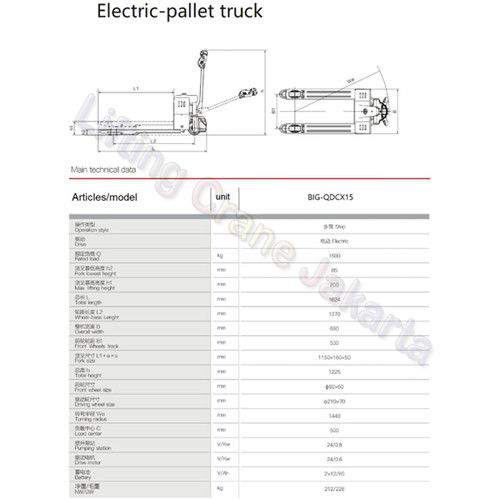 HAND PALLET ELECTRIC PALLET MOVER CAP 1.5 TON / 1500 Kg BIGPro