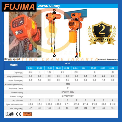 Electric Chain Hoist 5 Ton x 6 meter with motor trolley FUJIMA Japan