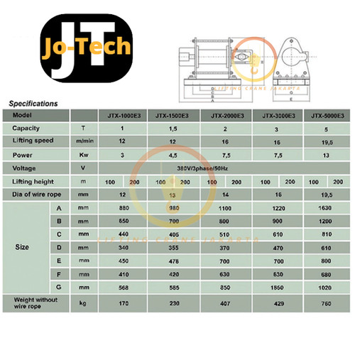Electric Winch JO-Tech Heavy Duty Cap 1 Ton x 100 Meter