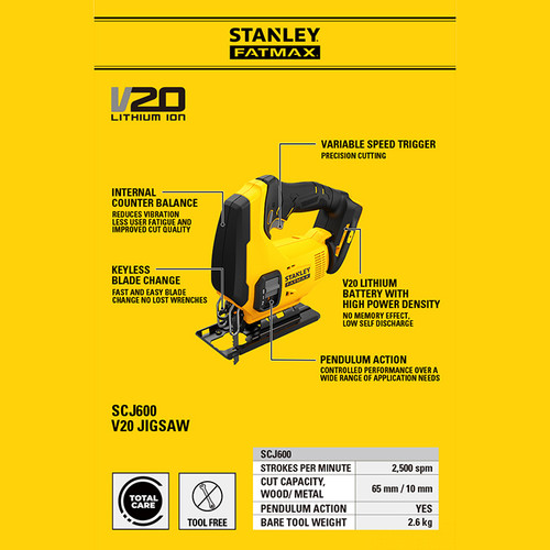 Stanley Cordless Jigsaw / Gergaji Kayu Baterai 20V SCJ600 (Unit Only)