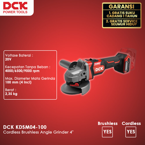 DCK KDSM04-100 Cordless Brushless Angle Grinder / Mesin Gerinda Battery 4 inchi