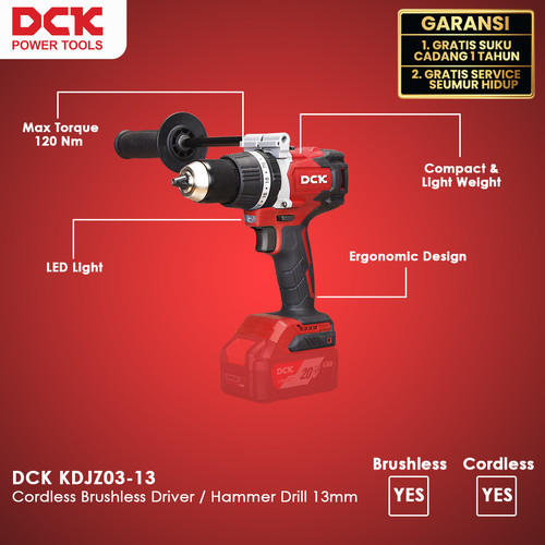 DCK KDJZ03-13 Cordless Brushless Driver / Hammer Drill / Mesin Bor Tembok Battery 13mm