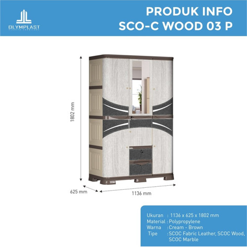 Olymplast SCOC 3P Wood Lemari Pakaian Baju 3 Pintu Plastik SCO C