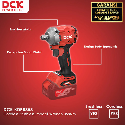 DCK KDPB358 Cordless Brushless Impact Wrench / Mesin Pembuka Baut Battery 358Nm