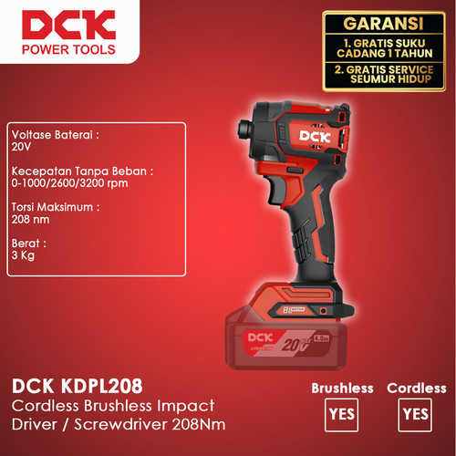 DCK KDPL208EM Cordless Brushless Impact Driver / Screwdriver 208Nm