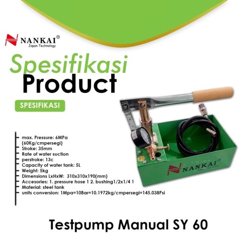 Nankai Alat Test Tekanan Pipa / Test Pump Manual SY 60