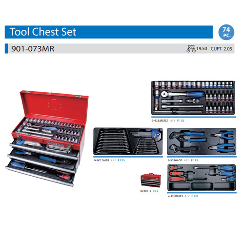 74PC TOOL CHEST SET 3 DRAWER - KING TONY 901-073MR
