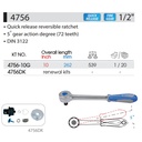 RATCHET-1/2" QUICK RELEASE REVERSIBLE RATCHAT 10" KING TONY 04756-10G