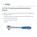 RATCHET-1/2" QUICK RELEASE REVERSIBLE RATCHAT 10" KING TONY 04756-10G
