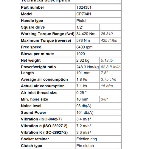IMPACT WRENCH CP734H 1/2" CHICAGO PNEUMATIC T024351