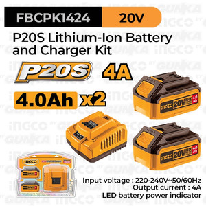 P20S Bundling 2 Baterai 20V FBCPK1424 (4.0 Ah) + 1 Charger (4A) Ingco Ex Fbcpk1222-Gk
