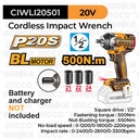 P20S Brushless Impact Wrench (1/2" 450Nm) CIWLI20501 Unit Only Mesin Pembuka Buka Baut Soket Socket Kunci 0.5 Inch Baterai Torsi Besar Ex Ciwli2001