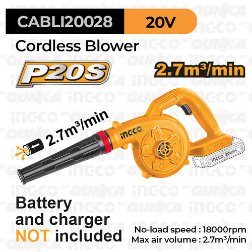 P20S Cordless Hand Blower (2.7m³/min) INGCO CABLI20028 - Mesin Tiup Daun Debu Pet Dryer Pengering Bulu Hewan Kucing Anjing