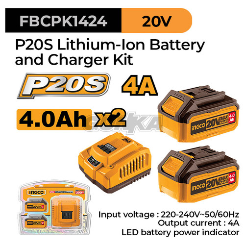 P20S Bundling 2 Baterai 20V FBCPK1424 (4.0 Ah) + 1 Charger (4A) Ingco Ex Fbcpk1222-Gk