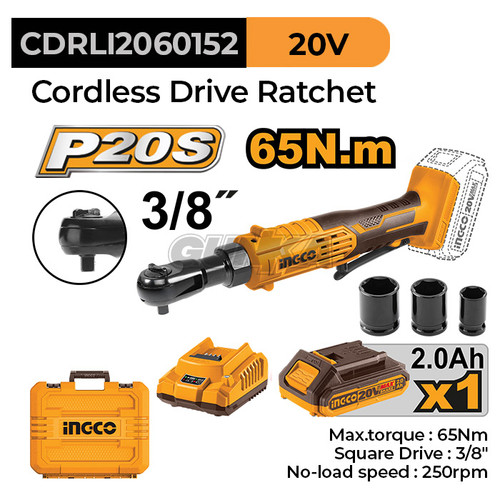 P20S Cordless Drive Ratchet (3/8" 2B1C 65Nm) CDRLI2060152 Mesin Pembuka Gagang Buka Baut Soket Kunci Wrench Square Drive Baterai Ex Cdrli2060152