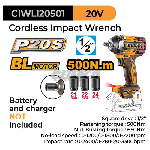P20S Brushless Impact Wrench (1/2" 450Nm) CIWLI20501 Unit Only Mesin Pembuka Buka Baut Soket Socket Kunci 0.5 Inch Baterai Torsi Besar Ex Ciwli2001