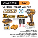 P20S Brushless Impact Wrench (1/2" 1B1C 450Nm) CIWLI20351 Mesin Pembuka Buka Baut Soket Socket Kunci 0.5 Inch Baterai Torsi Besar Ex Ciwli2001