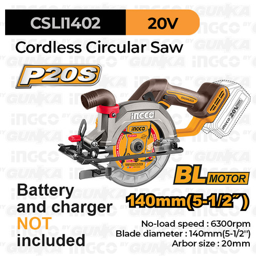 P20S Cordless Circular Saw (145mm/5½") INGCO CSLI1402 Gergaji Kayu Serkel Sirkular Mata Bulat Kayu Papan Triplek Multiplek
