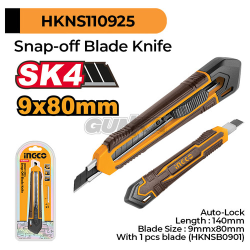 Snap-Off Blade Knife (9mm SK4) INGCO HKNS110925 Cutter Pisau Auto Lock Potong Alat Anti Selip Memotong Retract Kunci Otomatis