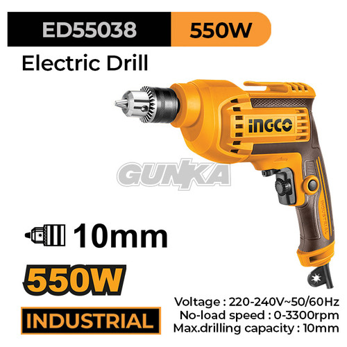 Electric Drill (10mm/550w) INGCO ED55038 Bor Tangan Listrik Mengebor Melubangi Papan Triplek Kayu Besi Plat