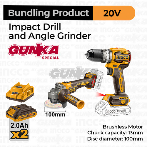 [Bundle] P20S Cordless Brushless Impact Drill CIDLI20602-GK+ Angle Grinder CAGLI21104-GK + 2 Baterai Charger - Bor Impact Gerinda Baterai Portable