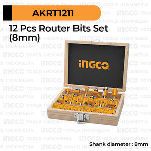 12-Pcs Router Bits (8mm) INGCO AKRT1211 Mata Mesin Router Profil Kayu