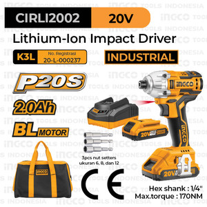 P20S Brushless Impact Driver (20V 170Nm) INGCO CIRLI2002 Obeng Listrik
