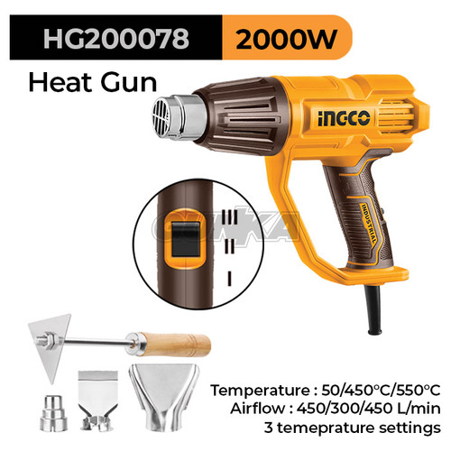 Heat Gun (2000W 50-550°C) INGCO HG200078 Mesin Alat Blower Udara Angin Panas 3-Level Hotgun Hot Hit Gun Pemanas 2000 Watt ex HG200028