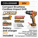 P20S Brushless Impact Drill (66Nm 13mm) INGCO CIDLI206681 Bor Compact Cordless Pesek Tembok Beton Impak Chuck Metal Baterai Li-Ion