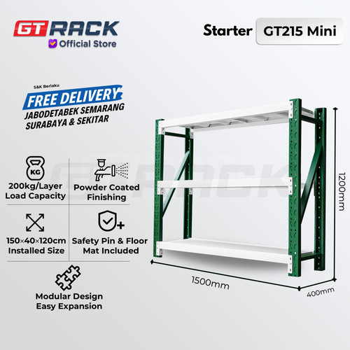 RAK GUDANG BESI GT RACK GT215 MINI – WAREHOUSE RACK 200KG TINGGI 3 SUSUN 1.2 METER LEBAR 40CM PANJANG 1.5M