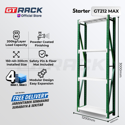 RAK GUDANG BESI GT RACK GT212 MAX – WAREHOUSE RACK 200KG TINGGI 4 SUSUN 3 METER LEBAR 40CM PANJANG 1.2M