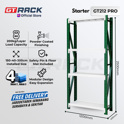 RAK GUDANG BESI GT RACK GT212 PRO – WAREHOUSE RACK 200KG TINGGI 4 SUSUN 2.5 METER LEBAR 40CM PANJANG 1.2M