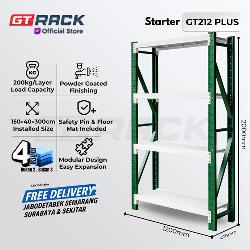 RAK GUDANG BESI GT RACK GT212 PLUS – WAREHOUSE RACK 200KG TINGGI 4 SUSUN 2 METER LEBAR 40CM PANJANG 1.2M