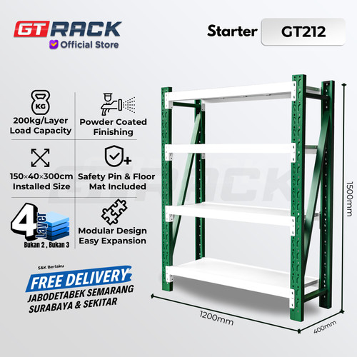 RAK GUDANG BESI GT RACK GT212 – WAREHOUSE RACK 200KG TINGGI 4 SUSUN 1.5 METER LEBAR 40CM PANJANG 1.2M