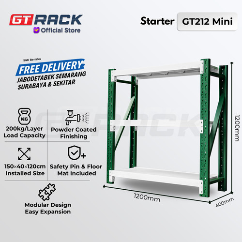 RAK GUDANG BESI GT RACK GT212 MINI – WAREHOUSE RACK 200KG TINGGI 3 SUSUN 1.2 METER LEBAR 40CM PANJANG 1.2M