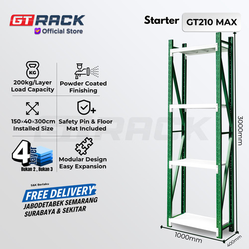 RAK GUDANG BESI GT RACK GT210 MAX – WAREHOUSE RACK 200KG TINGGI 4 SUSUN 3 METER LEBAR 40CM PANJANG 1M