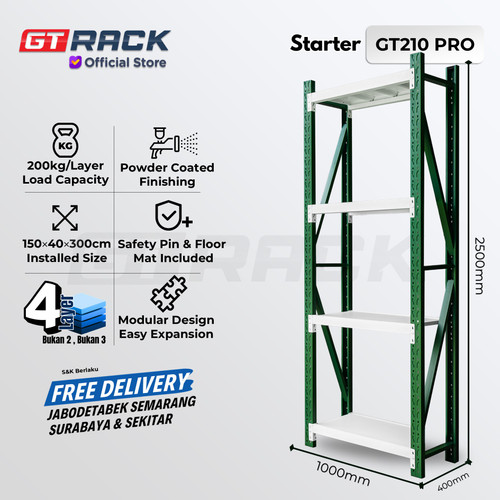 RAK GUDANG BESI GT RACK GT210 PRO – WAREHOUSE RACK 200KG TINGGI 4 SUSUN 2.5 METER LEBAR 40CM PANJANG 1M