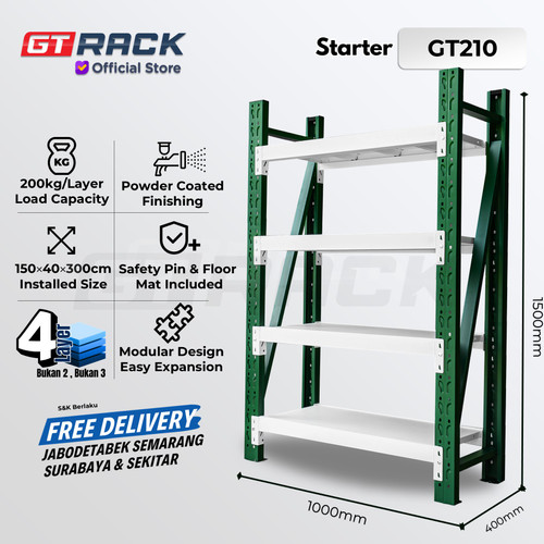 RAK GUDANG BESI GT RACK GT210  – WAREHOUSE RACK 200KG TINGGI 4 SUSUN 1.5 METER LEBAR 40CM PANJANG 1M