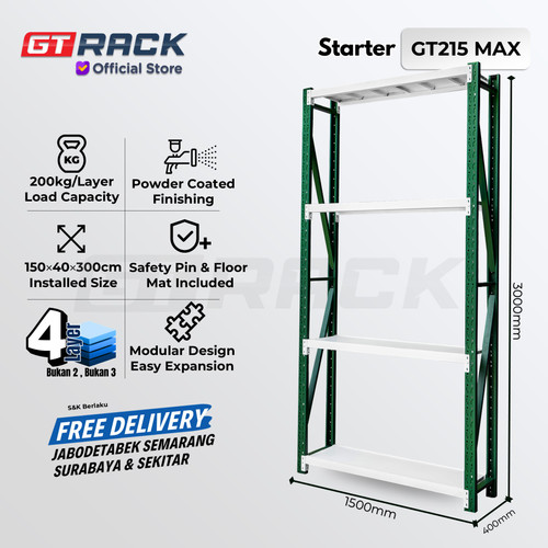 RAK GUDANG BESI GT RACK GT215 MAX 4 SUSUN 3 METER - WAREHOUSE RACK KAPASITAS 200KG  LEBAR 40CM PANJANG 1.5 METER