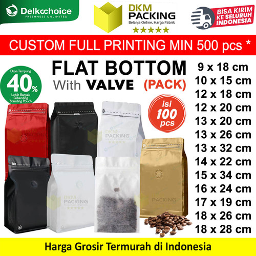 (PACK) Flat Bottom VALVE Coffee Bag Kemasan Biji Kopi Plastik Standing Pouch Ziplock Food Grade DELKOCHOICE