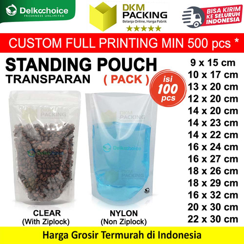 (PACK) Standing Pouch CLEAR TRANSPARAN kemasan Bening Transparent Food Grade Snack Makanan DELKOCHOICE