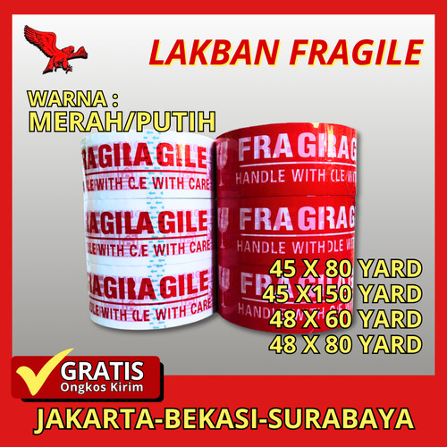 Lakban Packing Fragile merah, putih, Lakban olshop oren, dan hijau