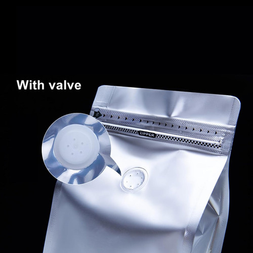 Kemasan Kopi FLAT BOTTOM FULL GUSSET VALVE SILVER Standing Pouch Coffee Bag Biji Bubuk Plastik Klip Ziplock DELKOCHOICE