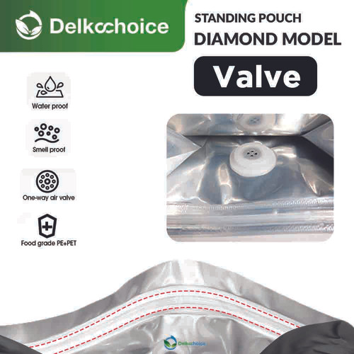 Flat Bottom DIAMOND Valve Standing Pouch Foil Ziplock Kemasan Kopi Coffee Bag DELKOCHOICE