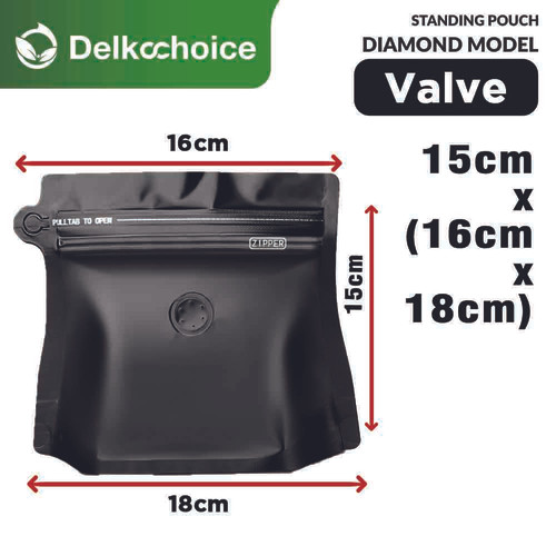 Flat Bottom DIAMOND Valve Standing Pouch Foil Ziplock Kemasan Kopi Coffee Bag DELKOCHOICE